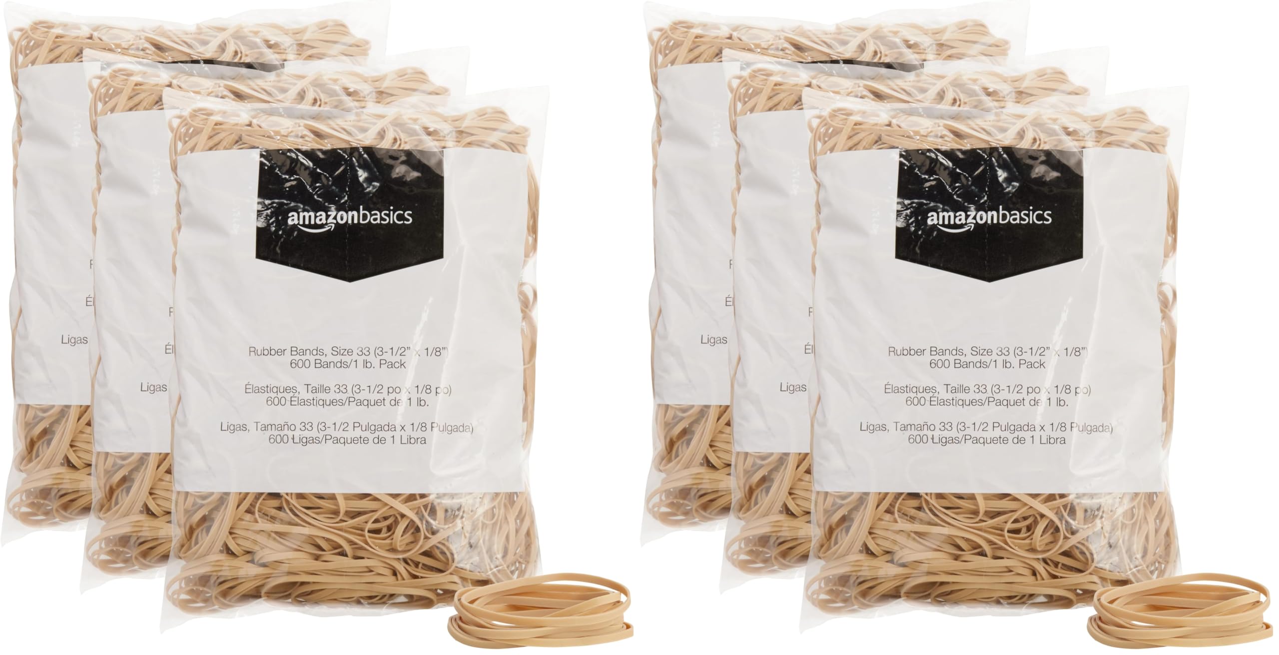 Amazon Basics Rubber Bands, Office Supplies, Size 33 (3-1/2 x 1/8 Inch), Stretchy, 600 Bands/1 lb Pack, 6-Pack, Tan