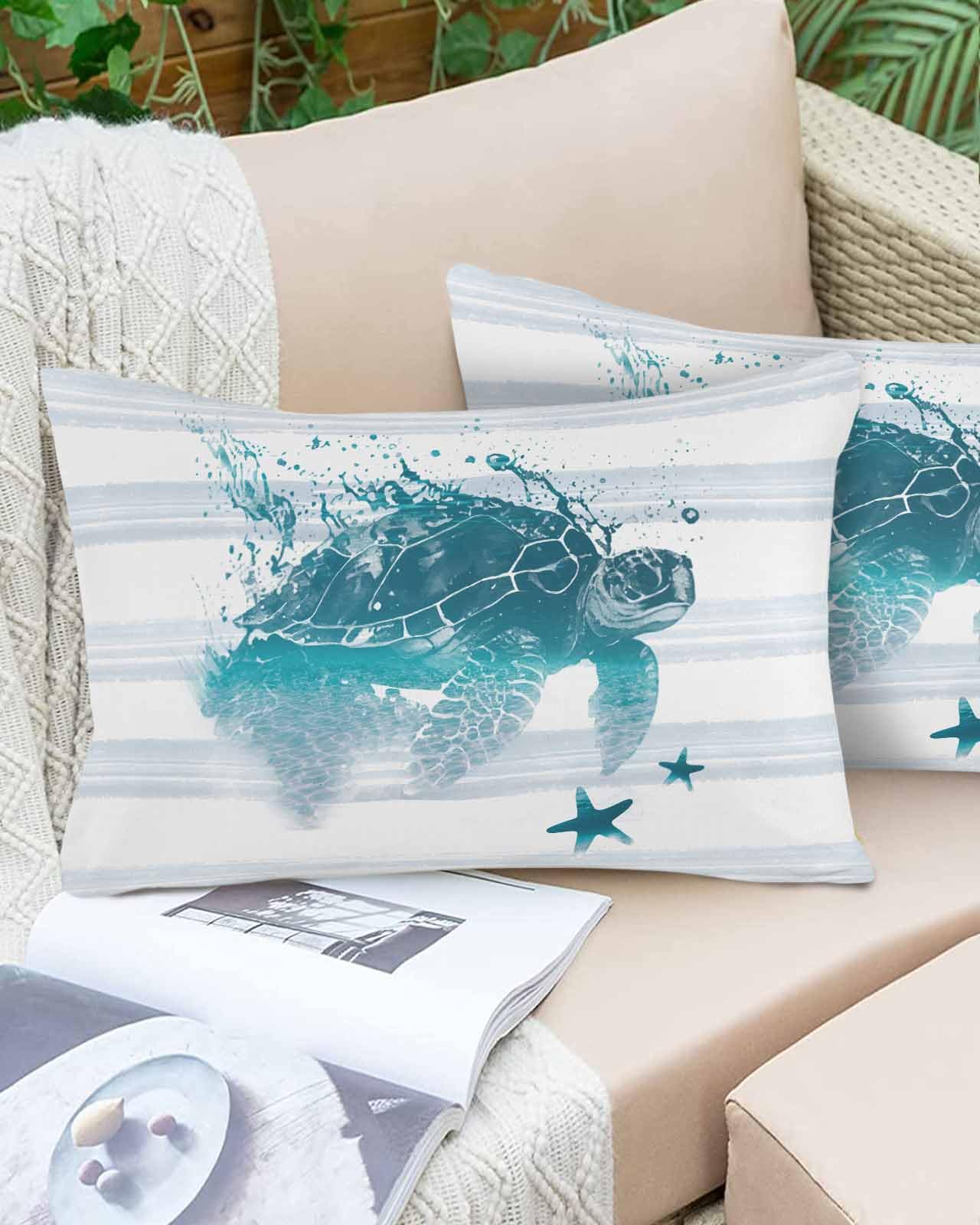 Boanket Lumbar Pillow Covers 12 x 20 in, Sea Turtle Waterproof Throw Pillow Cover Set of 2, Coastal Nautical Teal Starfish Summer Beach Home Decorative Rectangle Cushion Covers for Patio/Couch/Garden