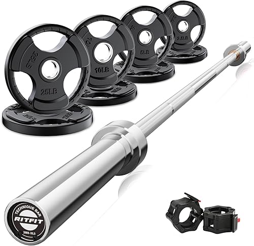 RitFit Juego de pesas de barra  Barra olímpica de 46 pies con discos de peso (55-275 libras en total)  Equipo de levantamiento de pesas para