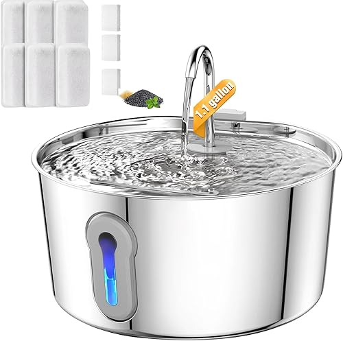 Miniatura 11 de Fuente de agua para gatos de acero inoxidable, dispensador automático de agua para perros de 135 oz/4 litros con bomba ultra silenciosa y 2 filtros