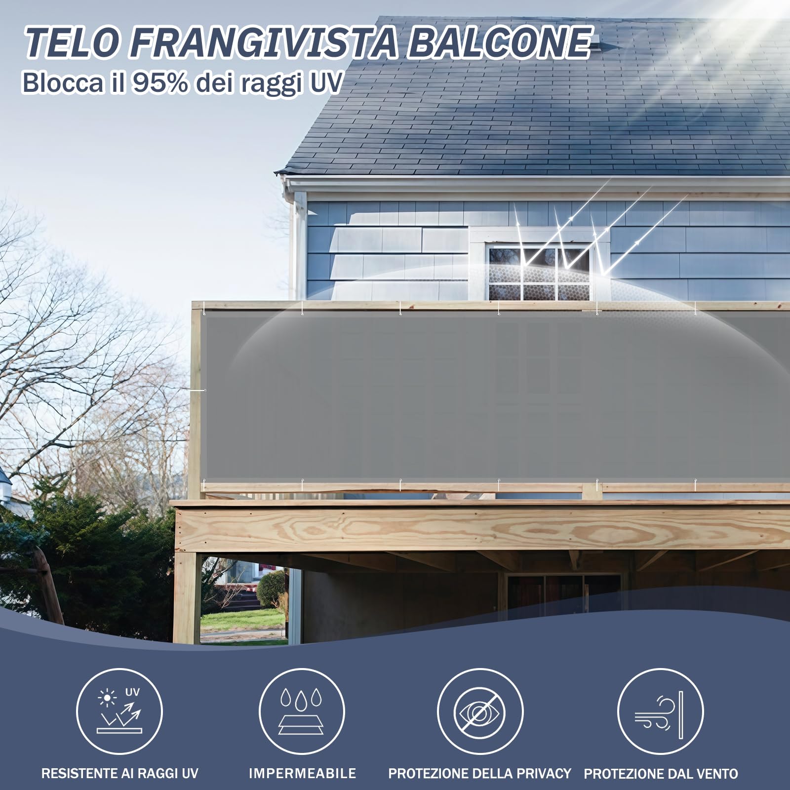 HENG FENG Frangivisto per Balcone 0.8x3m, 160g/㎡ PES Telo Balcone ringhiera,Protezione Privacy, Anti-UV, Impermeabile,Resistente al Vento, con Cinghie, Light Grigio