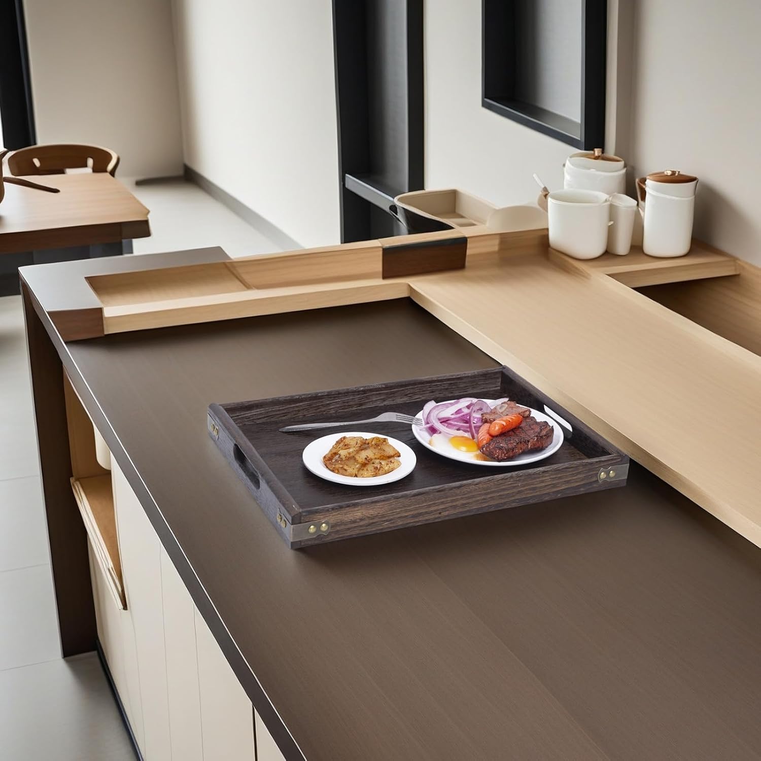 Wood Serving Tray with Handles - Set of 3, Wooden Tray for Food, Drinks, Snacks, Serving Trays for Breakfast in Bed, Dinner and Coffee Table