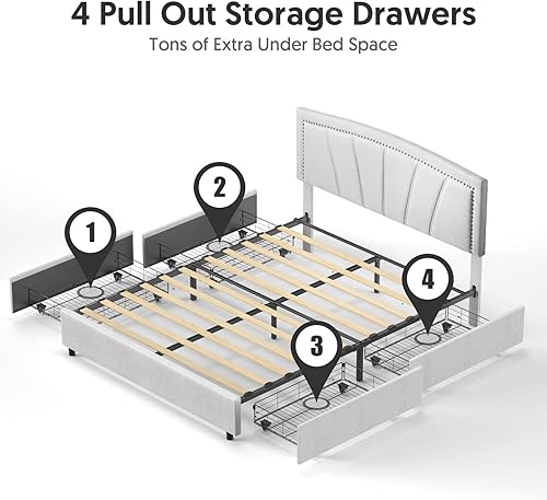 Miniatura 6 de BONSOIR Base de cama de almacenamiento tapizada de perfil bajo tradicional con cabecera copetuda y clavos, no necesita somier, 4 cajones