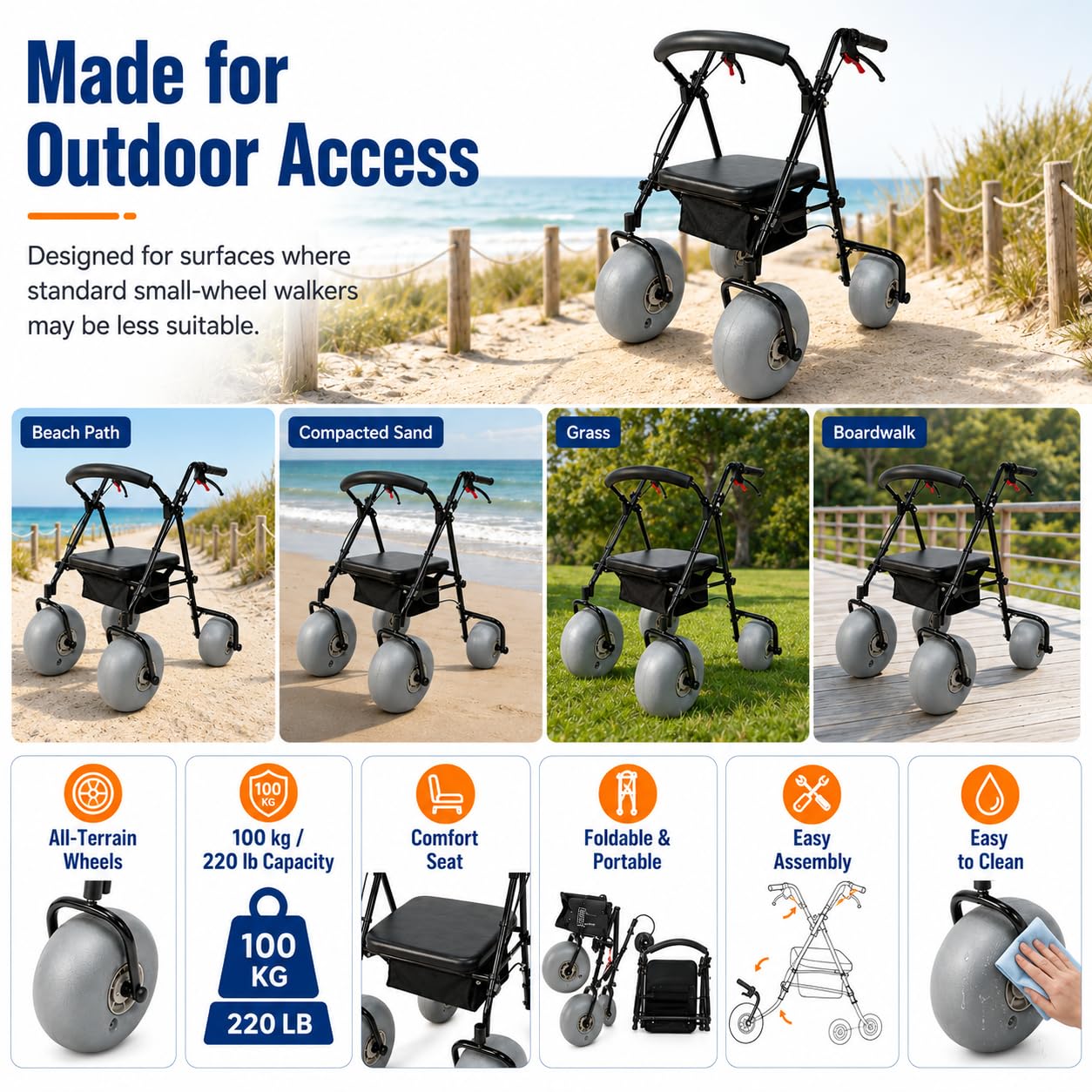 TsoLay Silla De Ruedas De Playa con Neumáticos Anchos, Silla De Ruedas De Playa Todoterreno con Ruedas De Liberación Rápida, Diseño Plegable, Capacidad De 100 Kg para Arena Blanda, Césped, Grava