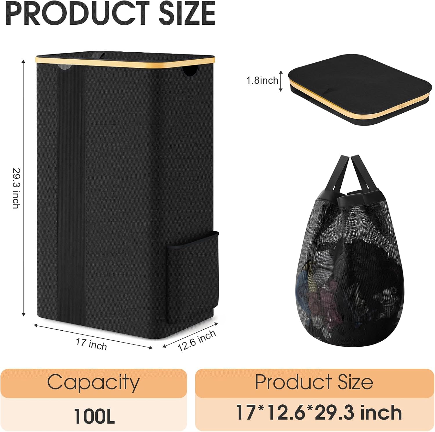 SpaceTrove Laundry Basket Clothes Hamper with Lid and Removable Bag Large Collapsible Laundry Baskets with Handle, Freestanding Hampers for Bedroom Aesthetic, Dorm, Bathroom, Laundry Room 100L (Black)