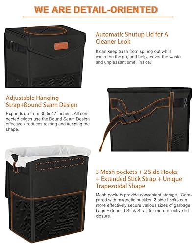 Vista 54 de Bote de basura para automóvil con tapa, bonito cubo de basura a prueba de fugas para colgar el vehículo, pequeño organizador portátil para asientos