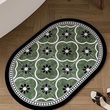 Green Bathroom Rugs Mexican Talavera Ceramic Tile Bath Mat Oval Bath Mats for Bathroom Retro Shower Rug Entrance Indoor Outdoor Rug Green, 20 * 29.5inch