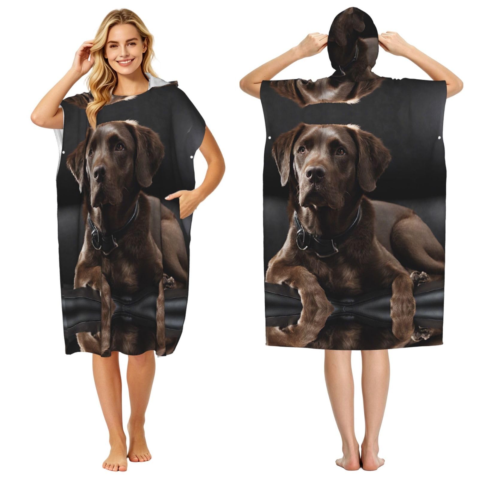 Poncho à capuche microfibre adulte Labrador marron léger pour surf et bain
