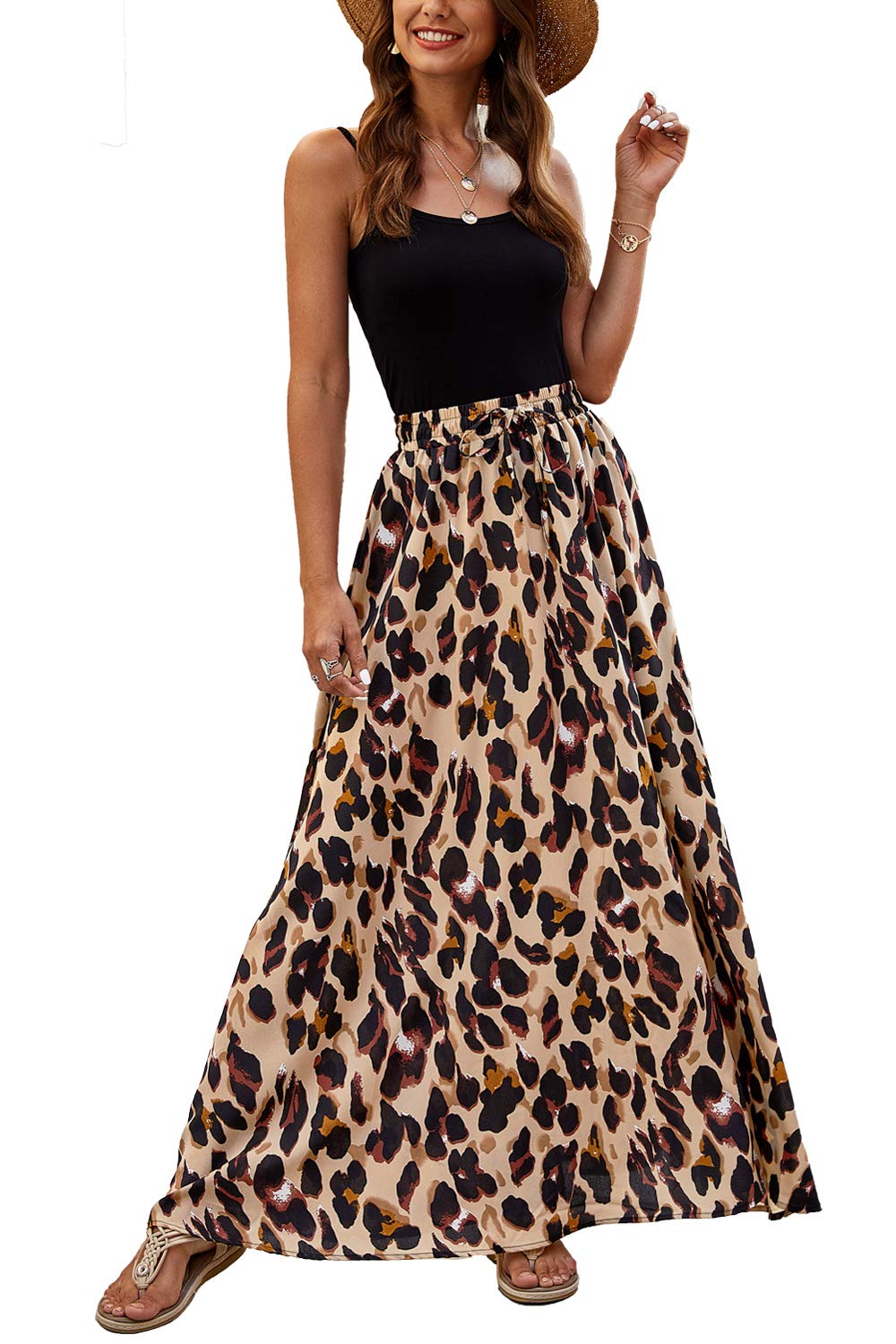 Bluetime Women Flowy Long Skirts Summer Beach Pleated Elastic High Waisted Casual Maxi Skirts