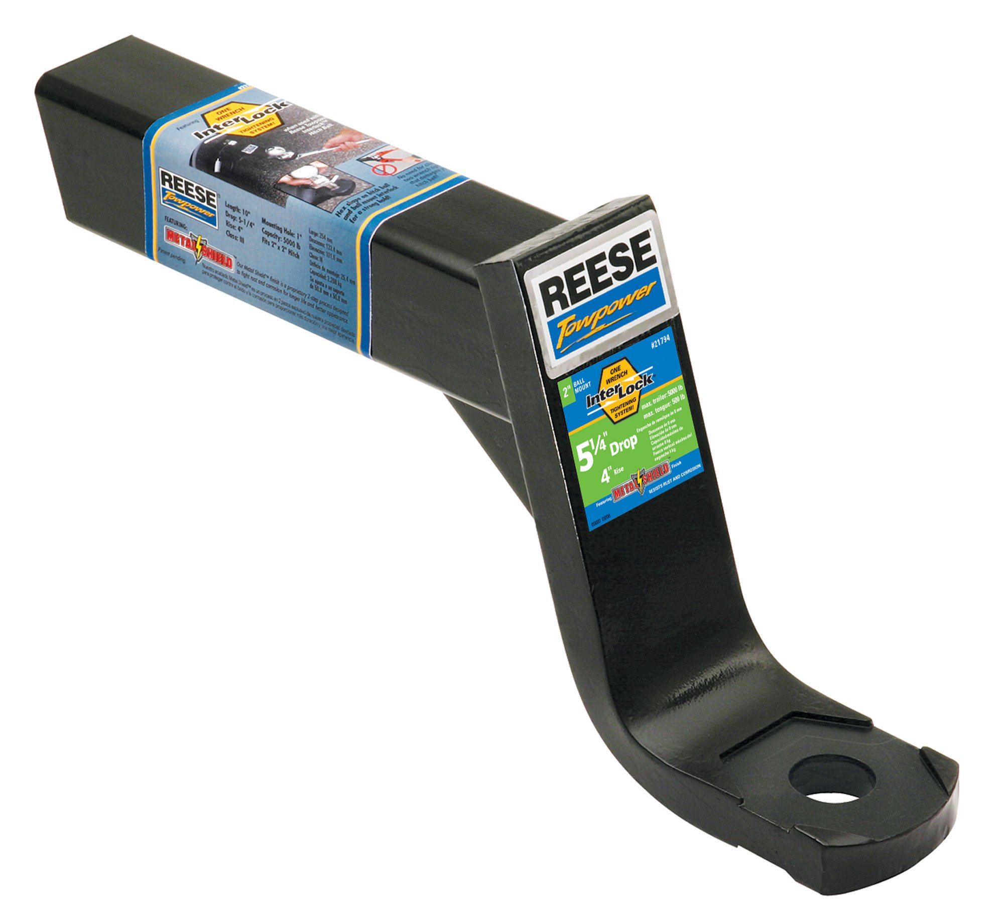 REESE Towpower 21794 Trailer Draw Bar Hitch Ball Mount, Fits 2 Inch Square Receiver, 5.25 Inch Drop, 4 Inch Rise, 5,000 lbs. Capacity