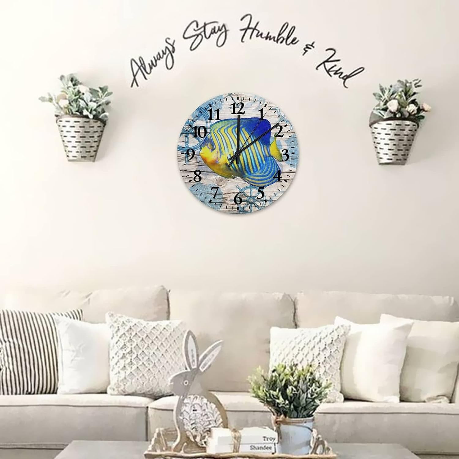 Wall Clocks Fish Indoor Clocks Quartz Analog Quiet Arabic Numeral Ocean Waves Coastal Theme Round Clock for Home Office 12 Inch