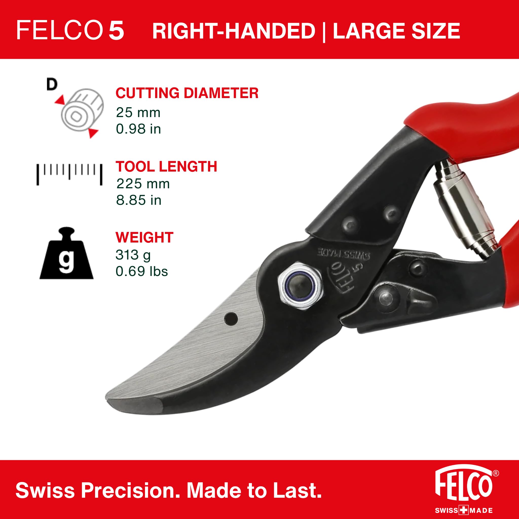 FELCO 5 Forbici da Potatura Professionali Bypass 25 mm in Acciaio per Mano Destra e Mani Grandi con Affilatore Multifunzionale FELCO 905