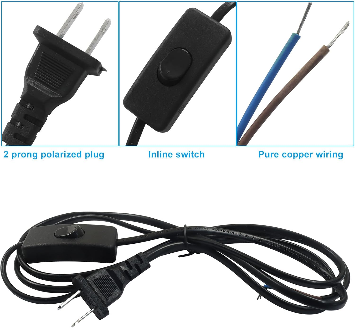 2 Pcs 6 Feet Black Lamp Cord with Switch Plug - 2 Prong Power Cord with On/Off Switch, Pure Copper Wiring & Stripped Ends for Easy Installation