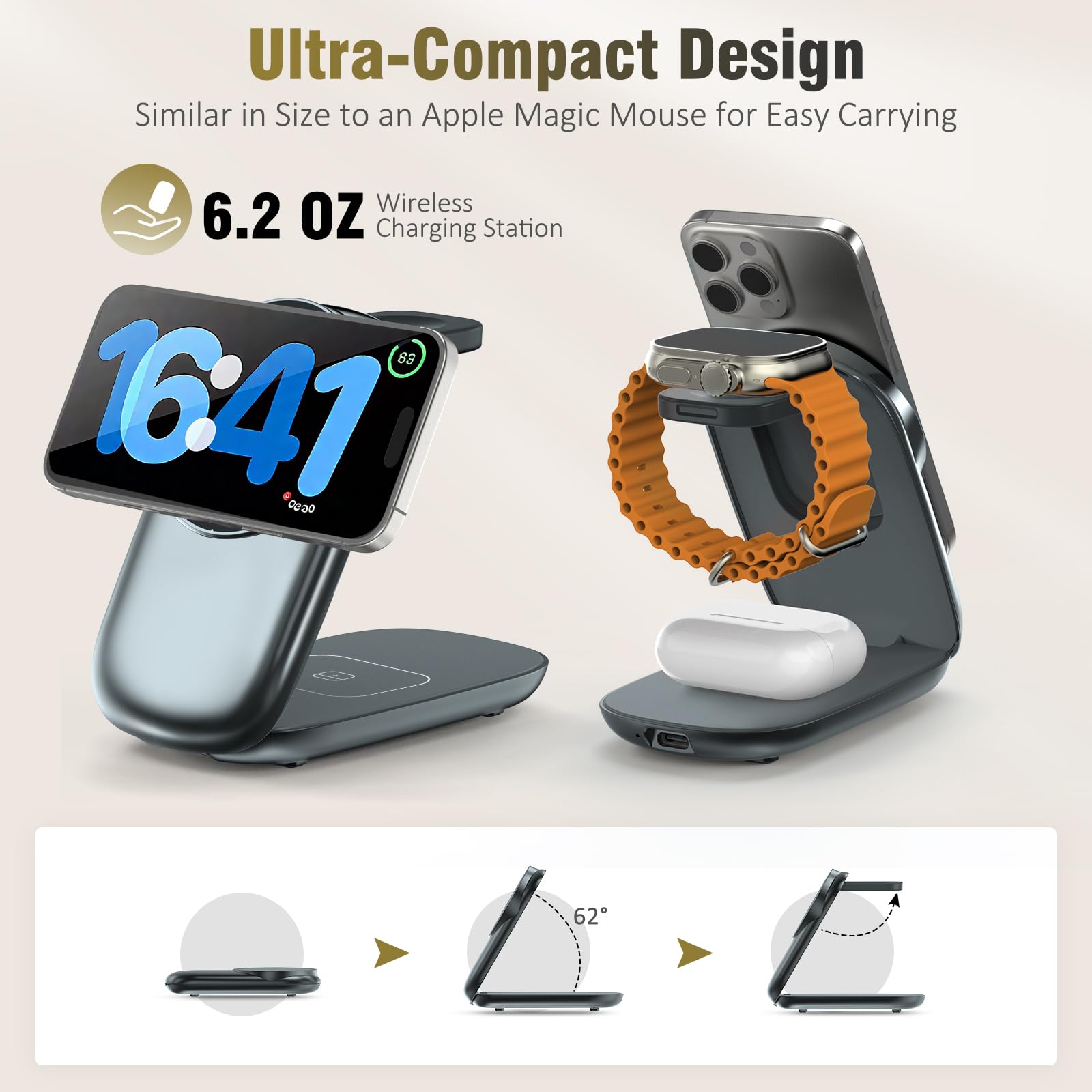Składana stacja ładująca 3 w 1 do iPhone'a 16e/16/15/14/13/12 kompatybilna z Apple Watch 10/9/8/7/6/5/4/3 Ultra, bezprzewodowa stacja ładująca do Airpods/4/3 pro