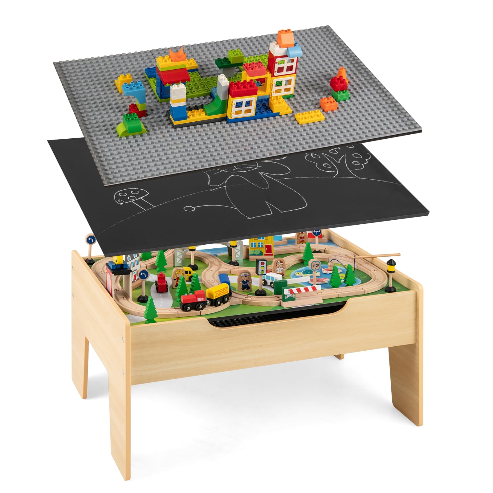 DREAMADE Table Circuit de Train en Bois, 78 Pièces avec Rails, Plateau Réversible & Amovible, Jouet Interactif Parent-Enfant, 3+ Ans