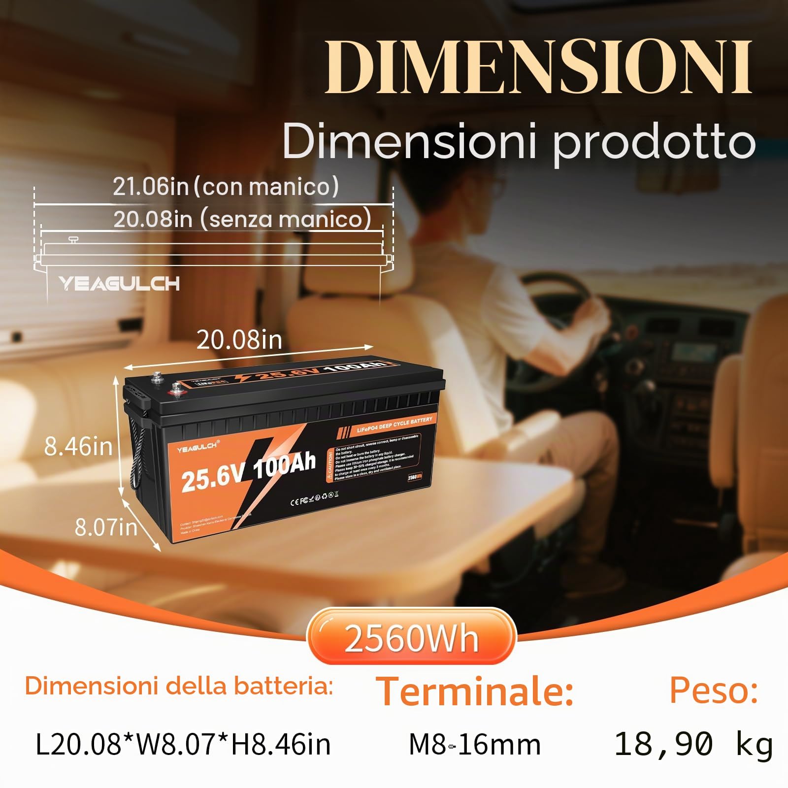 Yeagulch 2x 24V 100Ah - Batteria al Litio LiFePO4, BMS 100A, 2560Wh cad | 15000 Cicli, per Sistemi Solari Camper Accumulo Domestico Applicazioni Off‑Grid e Sistemi di Accumulo Energetico