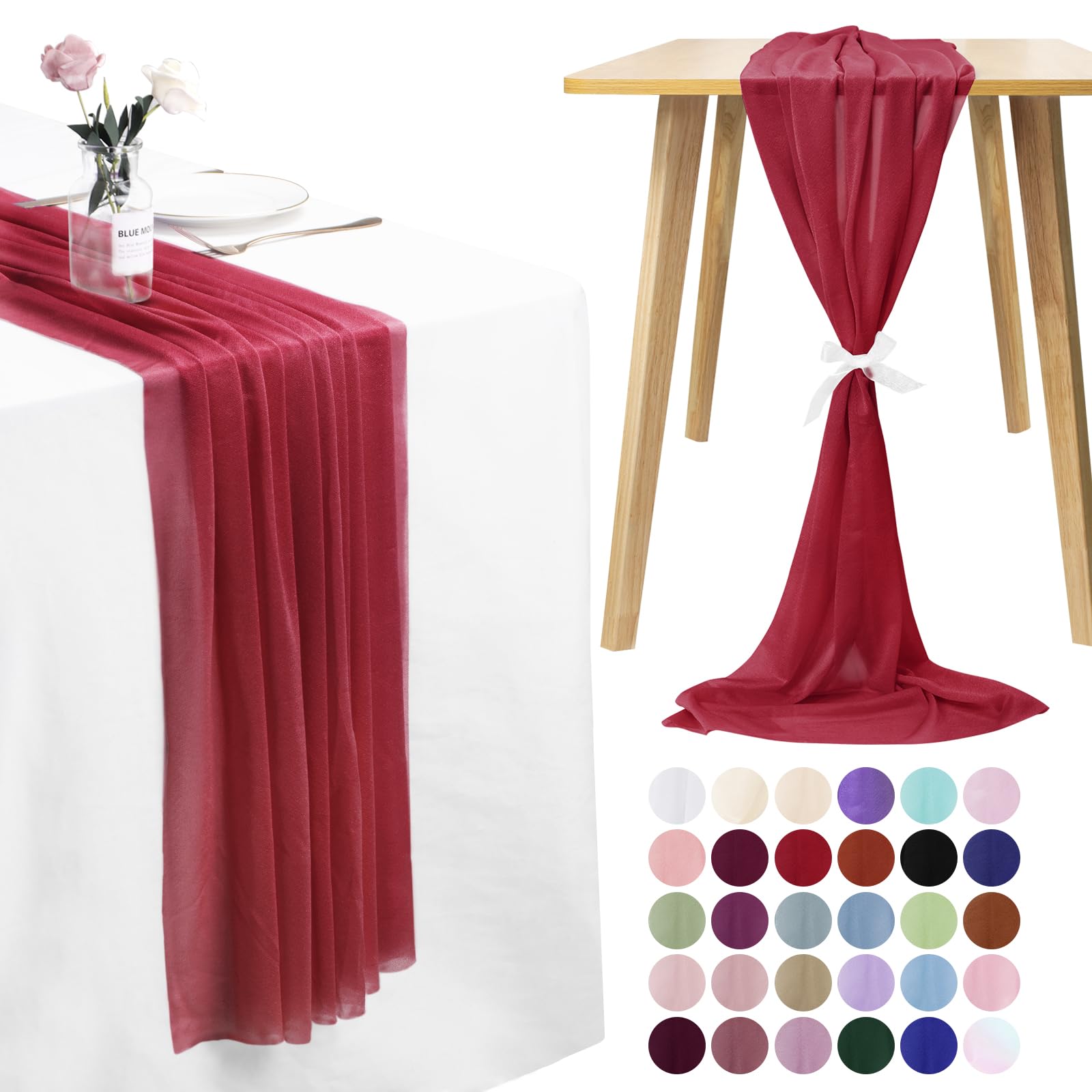 LEREATI 3 Pack Cheesecloth Table Runner Red Chiffon Table Runner 75cm x 400cm Gauze Sheer Table Runner Tulle Cheese Cloth Tablerunner for Party, Wedding, Christmas, Shower Decorations
