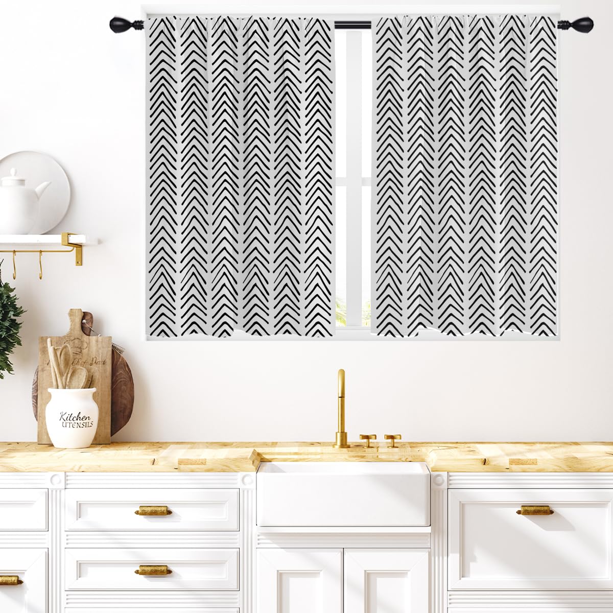 Coxila Black and White Kitchen Window Curtains 27.5 x 39 Inch Small Short Mini Cafe Rod Pocket Geometric Arrow Abstract Living Bedroom Room Home Treatment Set of 2 Curtain Panels Drapes Tiers