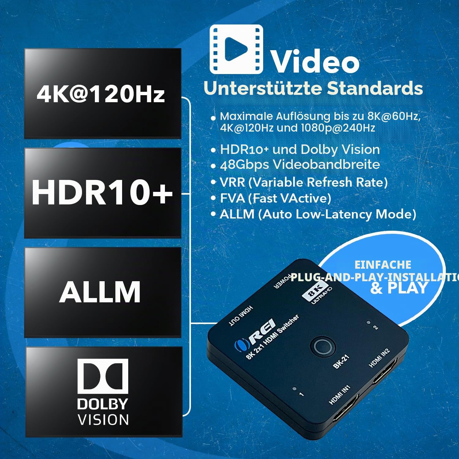 OREI 8K 2x1 HDMI Switch 4K @ 120Hz, Auto HDMI Selector 48Gbps High Resolution Switch Between 2 Inputs Prefect for Gaming, PS5, Xbox, HDR10, Dolby Vision