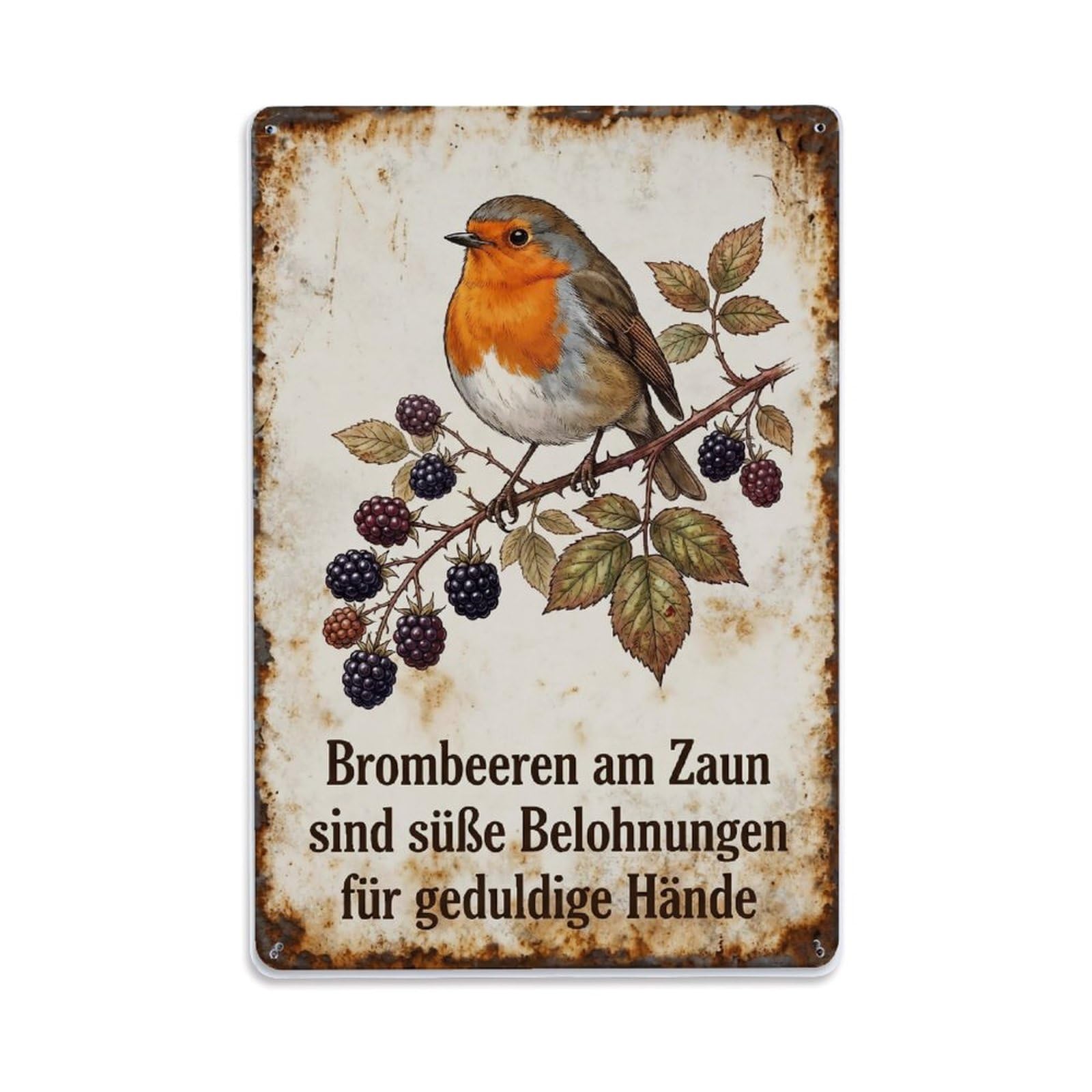 Fqnyr Style Robin Bird Garden Quote Bramble Berry Metal Tin Sign Plaque Wall Decor For Cafe, Club Bar, Office, Home Garden Metal Poster 8X12inch