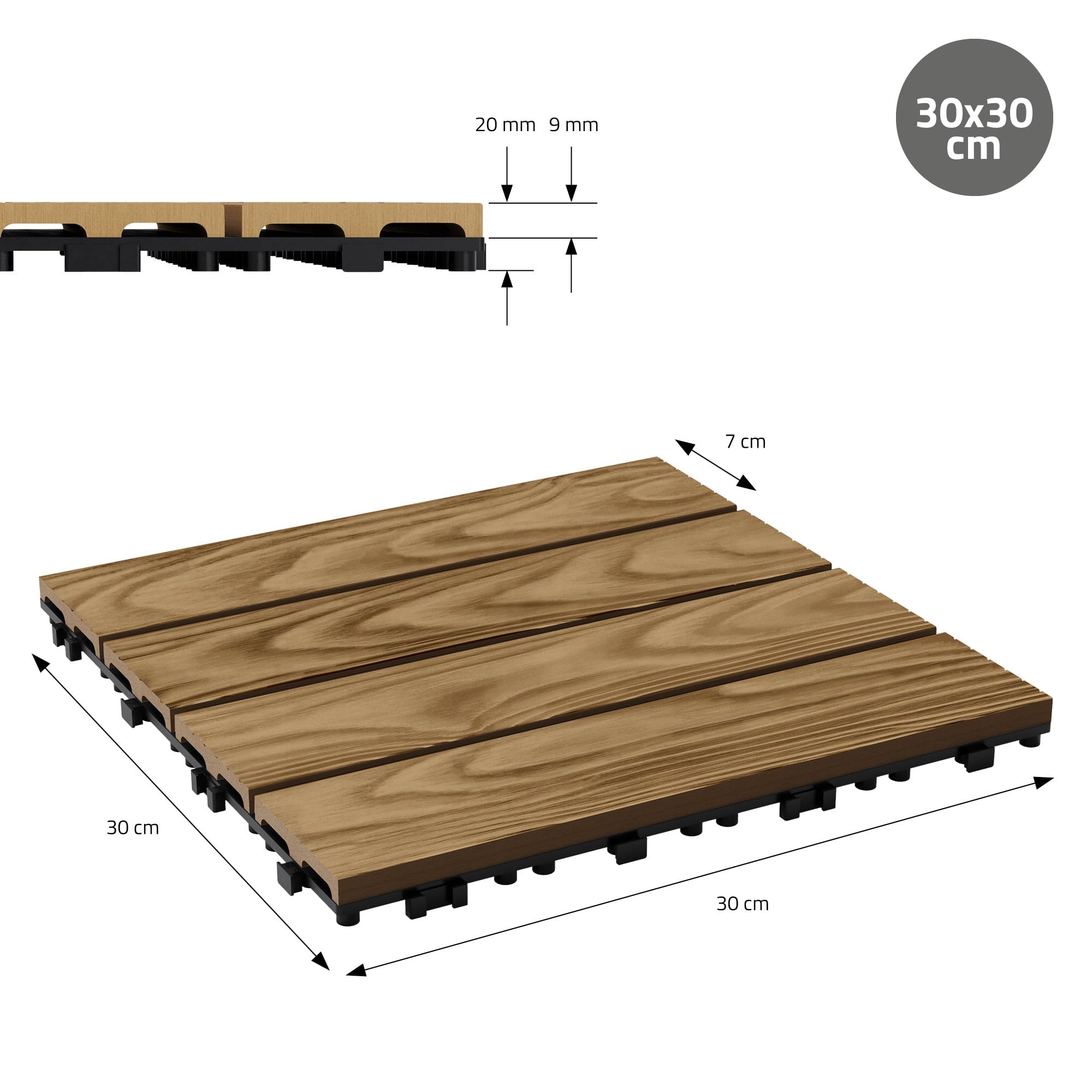 ECD Germany WPC Terrassenfliesen 30x30 cm/55 Stück=5m², Teak in Holzoptik, Bodenbelag mit Klicksystem und Drainage, Terrassendielen Balkonfliesen Holzfliesen, Klickfliesen für Terrasse, Garten, Balkon