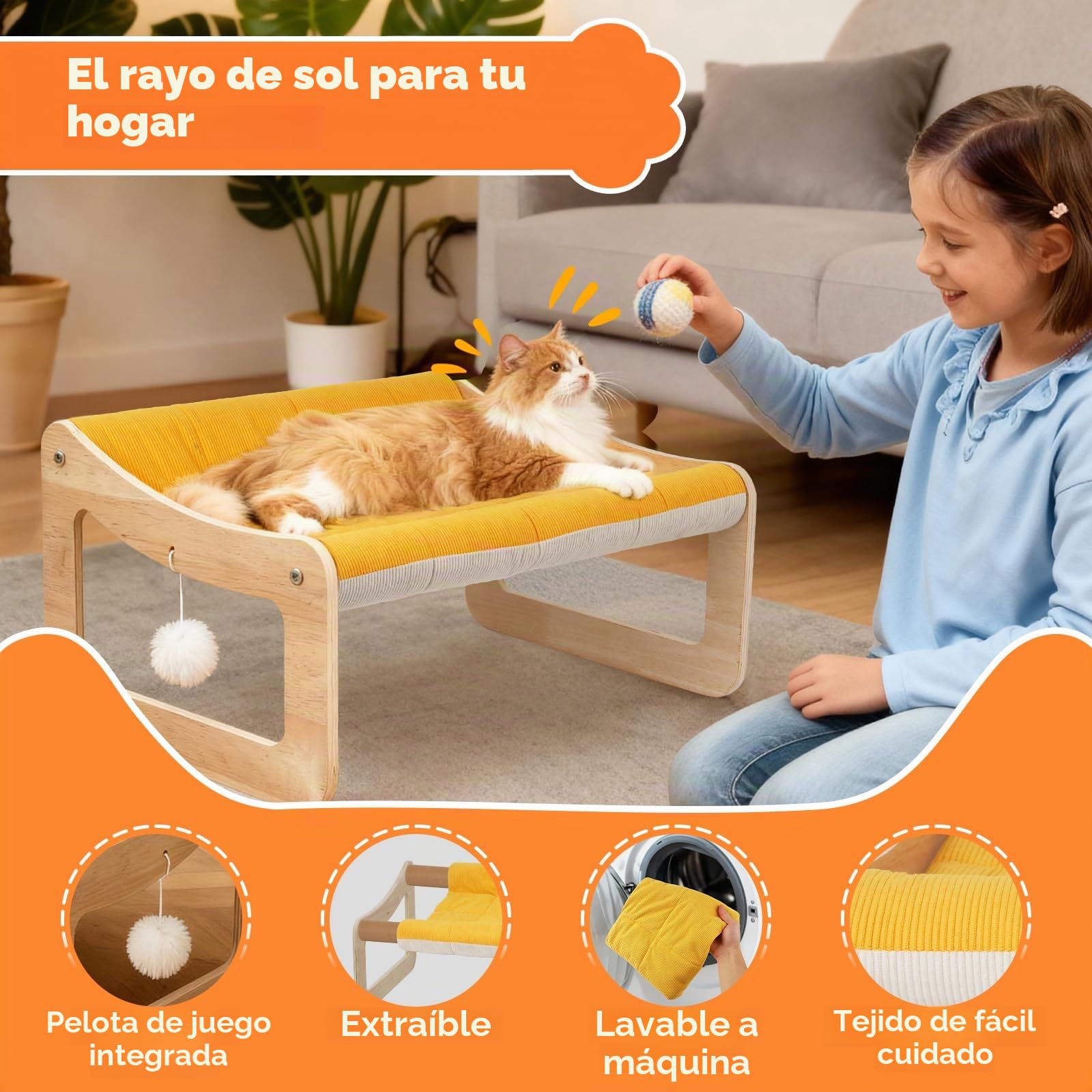 Cama elevada para gatos de madera, sofá para gatos amarillo sol, 53 x 40 cm, silla de gato moderna con funda de colchón extraíble, soporta hasta 15 kg