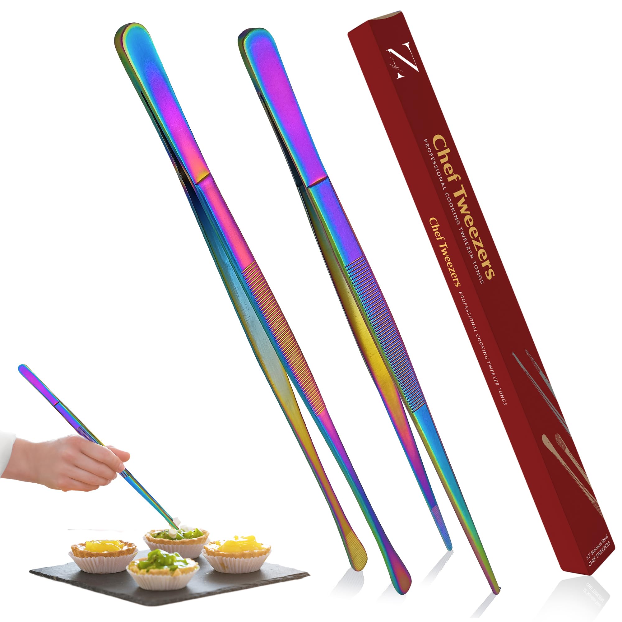 Namre' Pinzas para cocinar, pinzas de chapado, paquete de 2 pinzas de cocina de acero inoxidable, pinzas finas para palillos, pinzas de chef precisas y fuertes para alimentos y objetos pequeños, 12