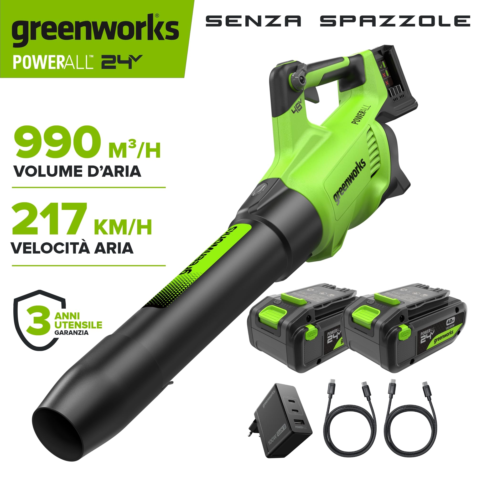 Greenworks 48V(24V x 2）Soffiatore Assiale, Ioni di Litio Velocità d'Aria 217 Km/h, 16.4m³/min Potente Tubo Soffiatore Assiale Controllo di Velocità Elettronico Con Batteria e Caricatore BL48L420-01