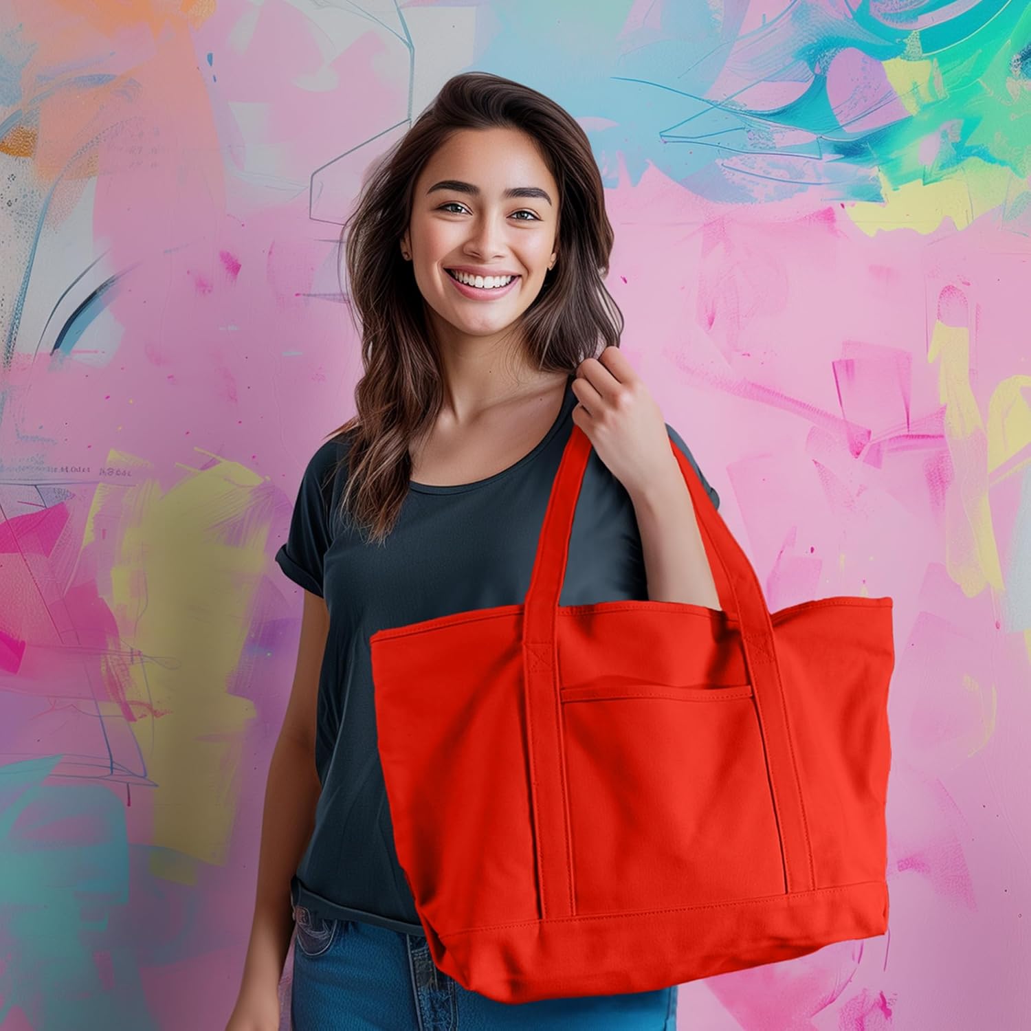 DALIX Womens 23" Deluxe 24 oz. Cotton Canvas Tote Bag Zippered in Red - Image 2