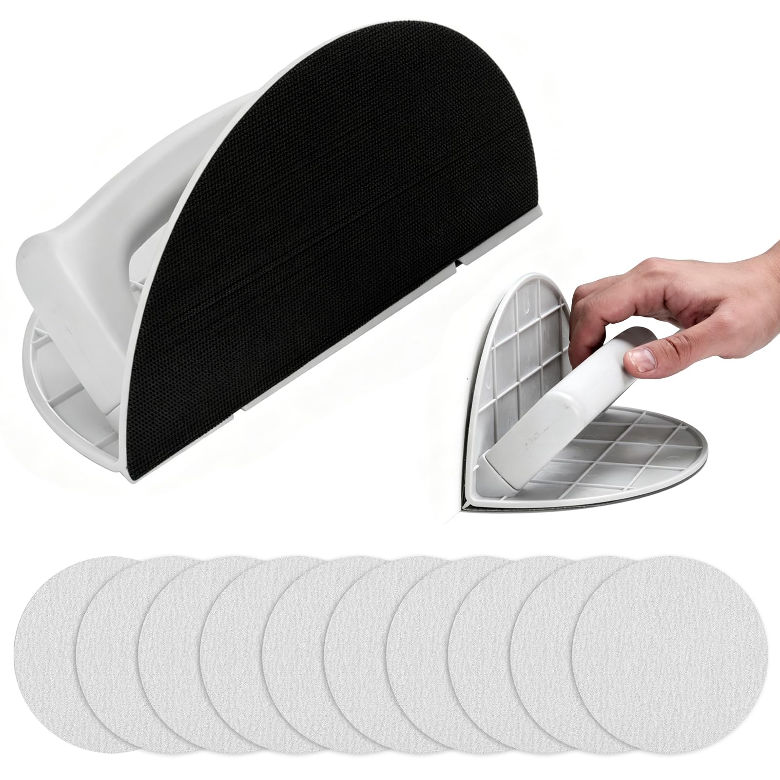 Ponceuse d'angle Cloison Sèche avec 10 Papiers Abrasifs Grain 240 | Ponceuse d'angle Semi Circulaire Auto Adhésif Multifonction Design à Angle Droit 90° , pour Coins Surfaces Planes