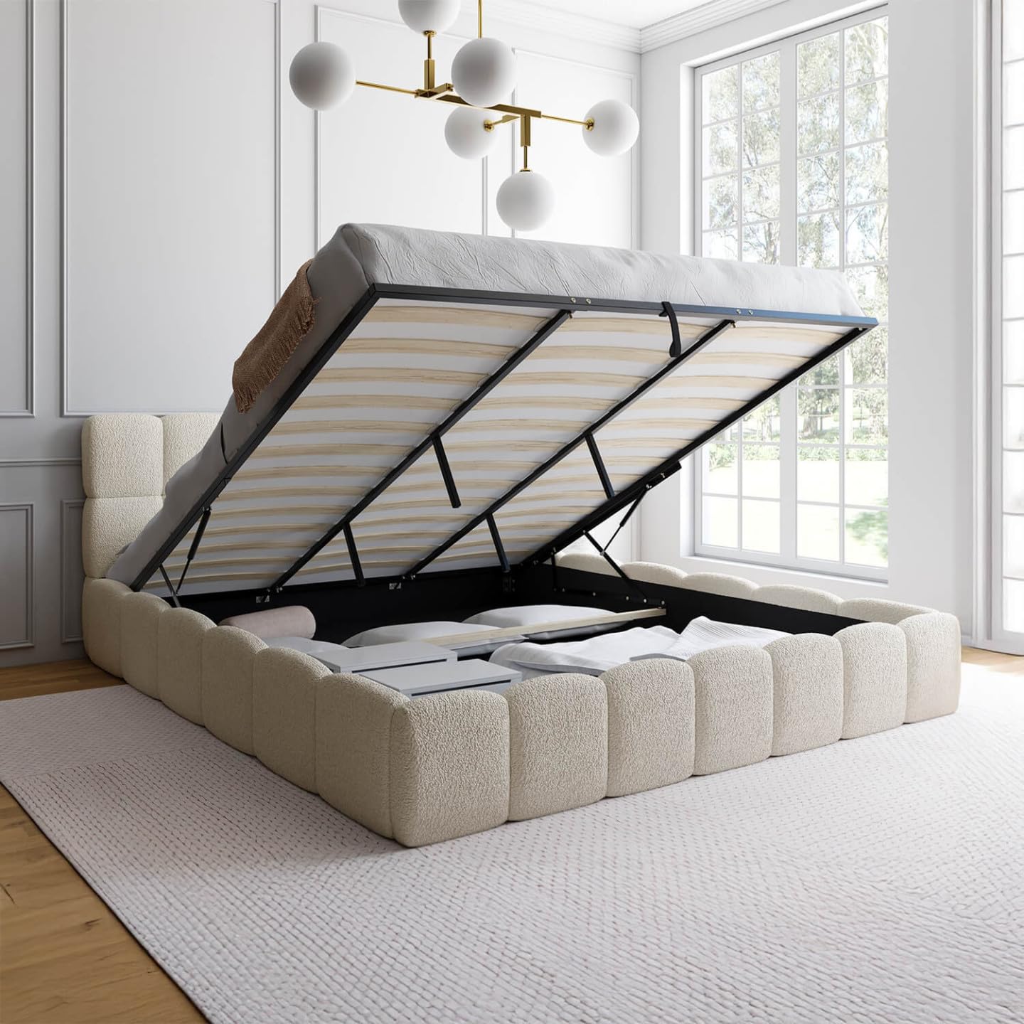 IDMarket - Lit Coffre Double Nuage 180 x 200 cm Bouclette Blanc