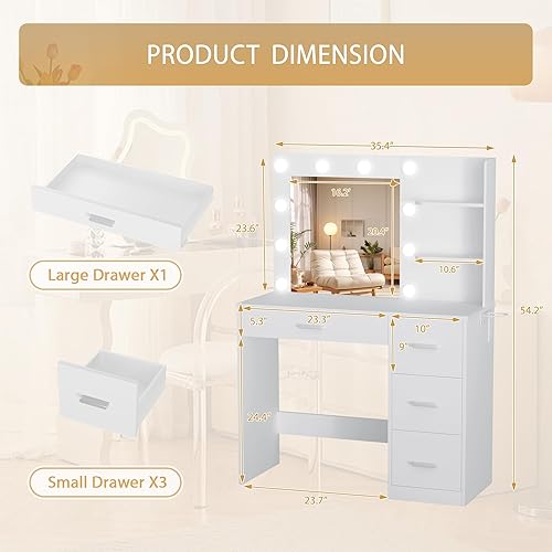 Miniatura 8 de Furmax Escritorio de tocador con espejo iluminado LED y toma de corriente, mesa de tocador de maquillaje con 4 cajones, 3 estantes de almacenamiento