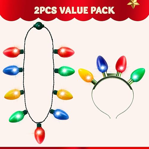 Miniatura 2 de JOYIN Paquete de 2 accesorios de Navidad, collar de Navidad con 9 bombillas y diadema de Navidad con 4 bombillas, suministros de accesorios de