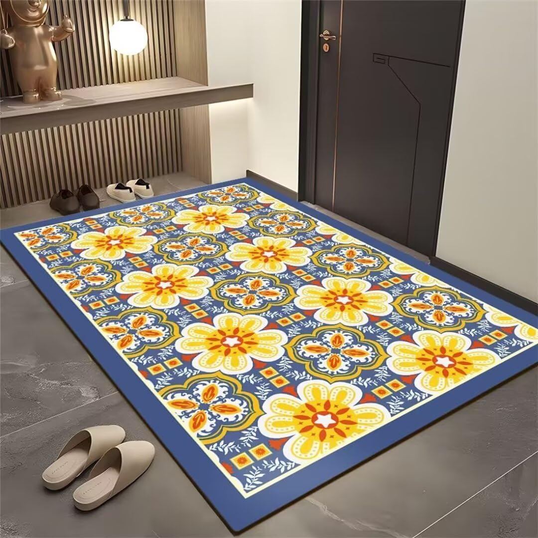 Tapis de couloir bleu à fleurs 70x140 pour une entrée accueillante et douce