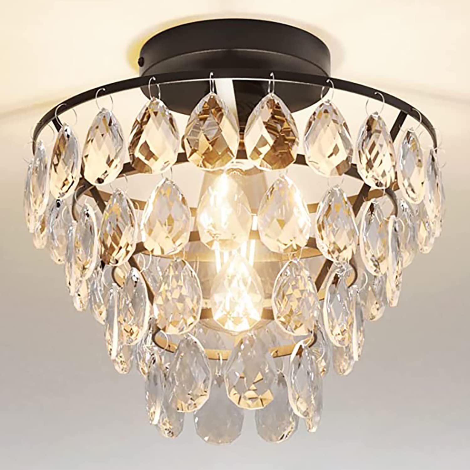 MORATER Luxury Gold Crystal Chandelier - 9.8 Inch Semi Flush Mount Ceiling Light with Crystal Decoration for Hallway, Bedroom, Bathroom - E26 Base and Easy Installation Included (Black)
