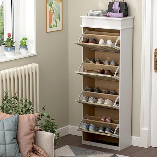AGOTENI Armario alto con 4 cajones abatibles armario de almacenamiento estrecho almacenamiento de zapatos de madera para entrada del pasillo blanco