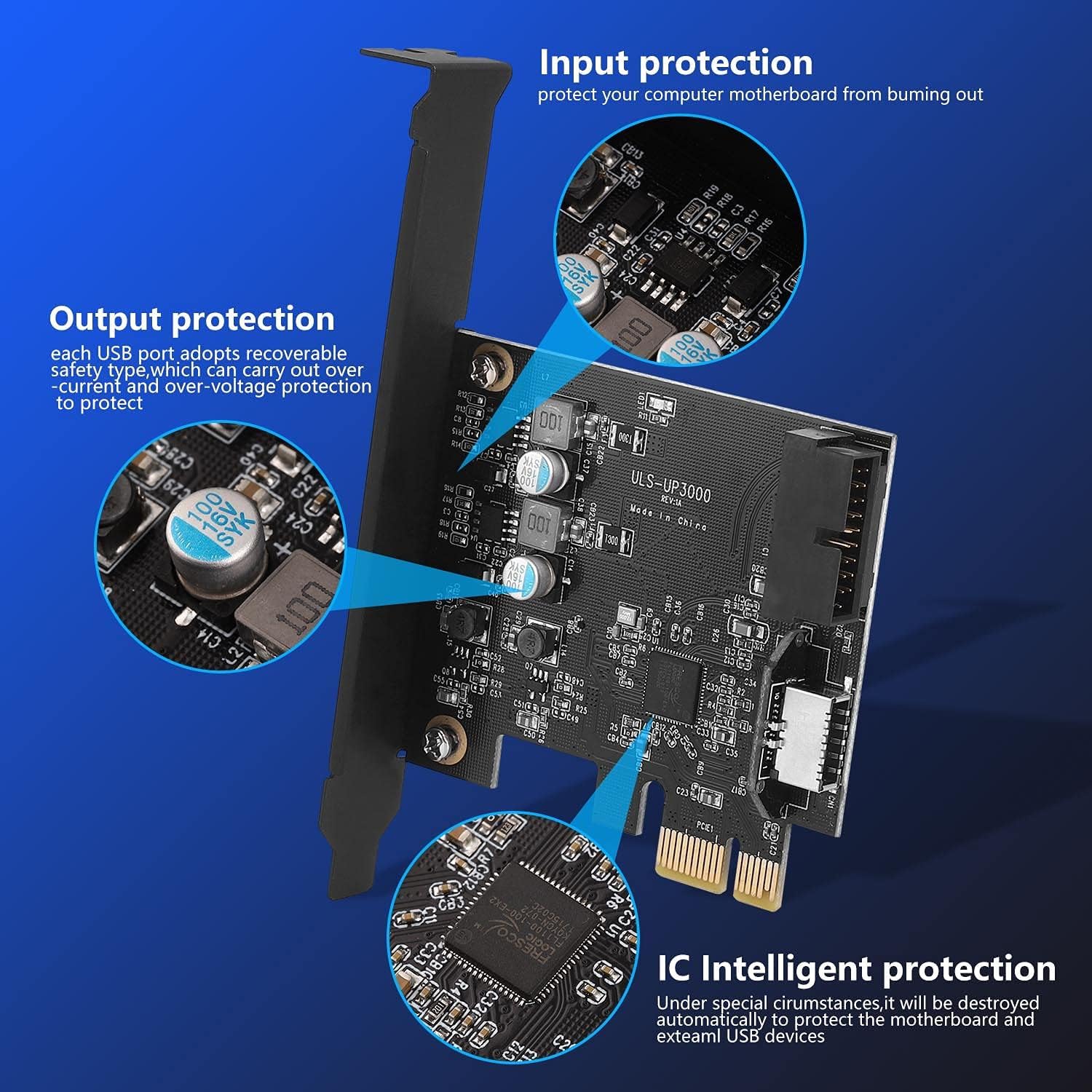 PCIe x1 a USB 3.2 GEN1 5 Gbp 19 pines Panel frontal de 19 pines (al encabezado del panel frontal tipo c) + tarjeta de expansión USB 3.0 de 20 pines, conector de panel frontal interno tipo E 5