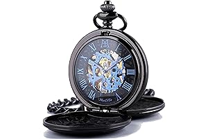BRELSON Mechanical Roman Numerals Dial Skeleton Pocket Watches with Box and Chains for Unisex Use