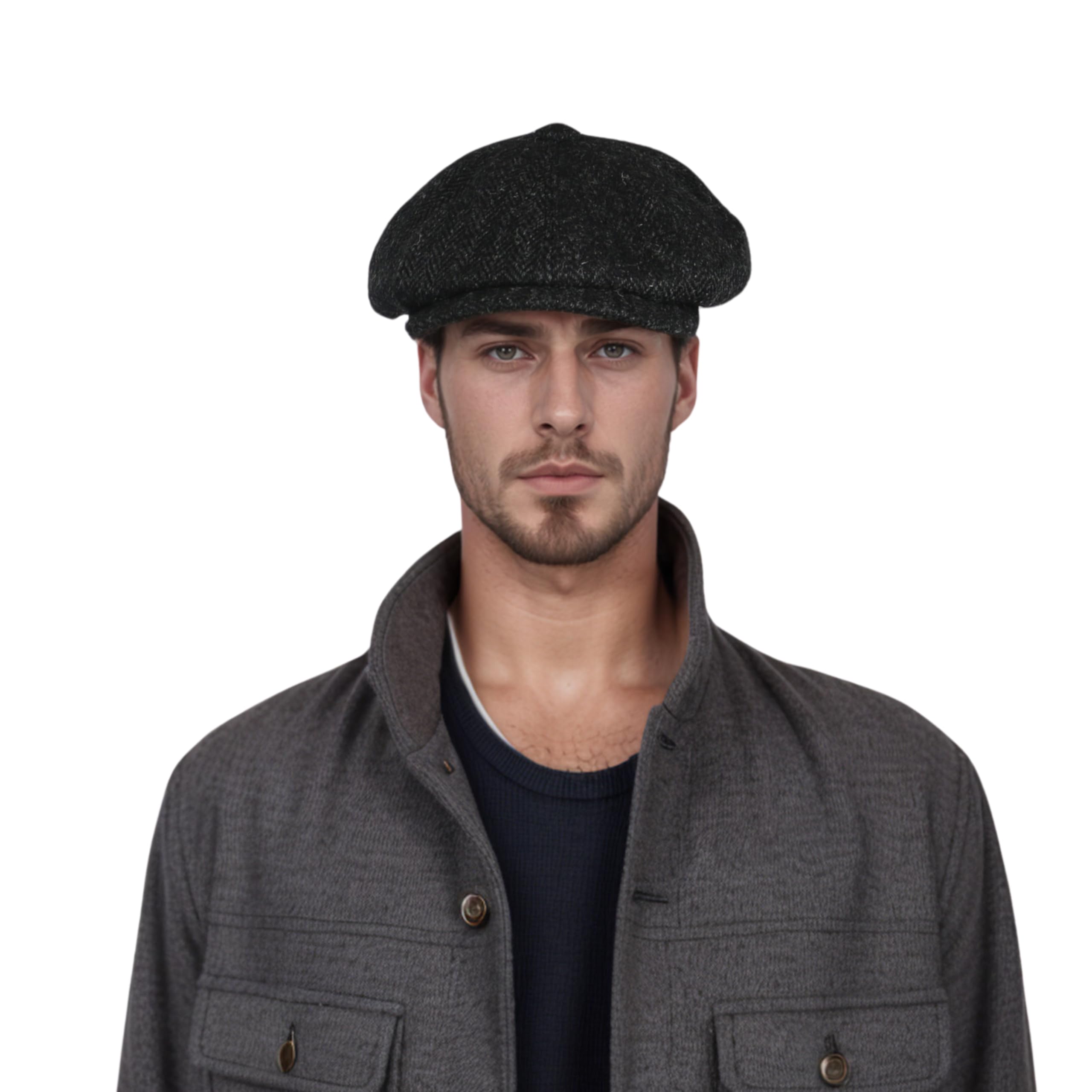 Newsboy Caps for Men and Women - 100% Scottish Wool Mens Flat Cap - Fashionable & Long-Lasting - Perfect for Winter Season (US, Alpha, Medium, Standard, Mystery Black)
