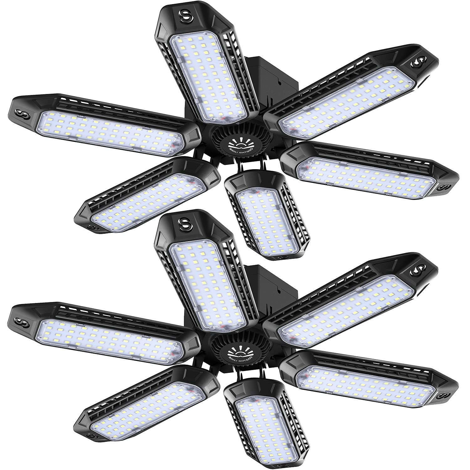 2 Pack LED Garage Light ,Deformable Shop Ceiling Lights with 6 Panels 120W 16000LM fit E26 Socket, Screw in LED Garage Lighting Fixture for Basement,Workshop,attic