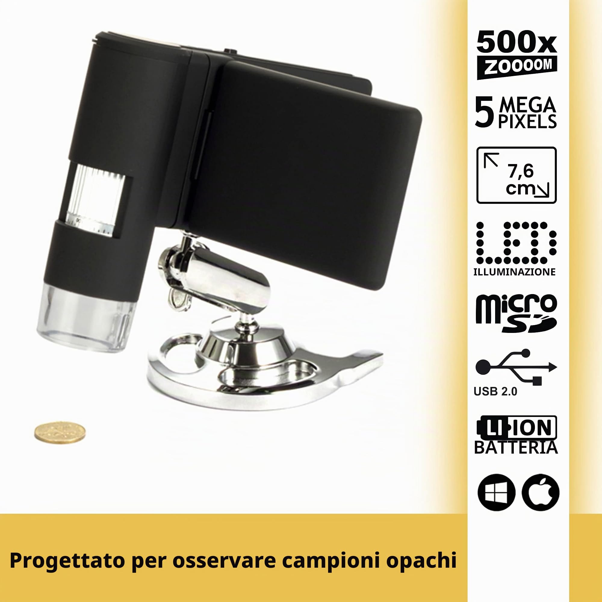 Microscopio Digitale Portatile USB Levenhuk DTX 500 (20–500x) con Schermo Lcs per L’Osservazione di Qualsiasi Superficie, Sia In Casa Che All’Aperto