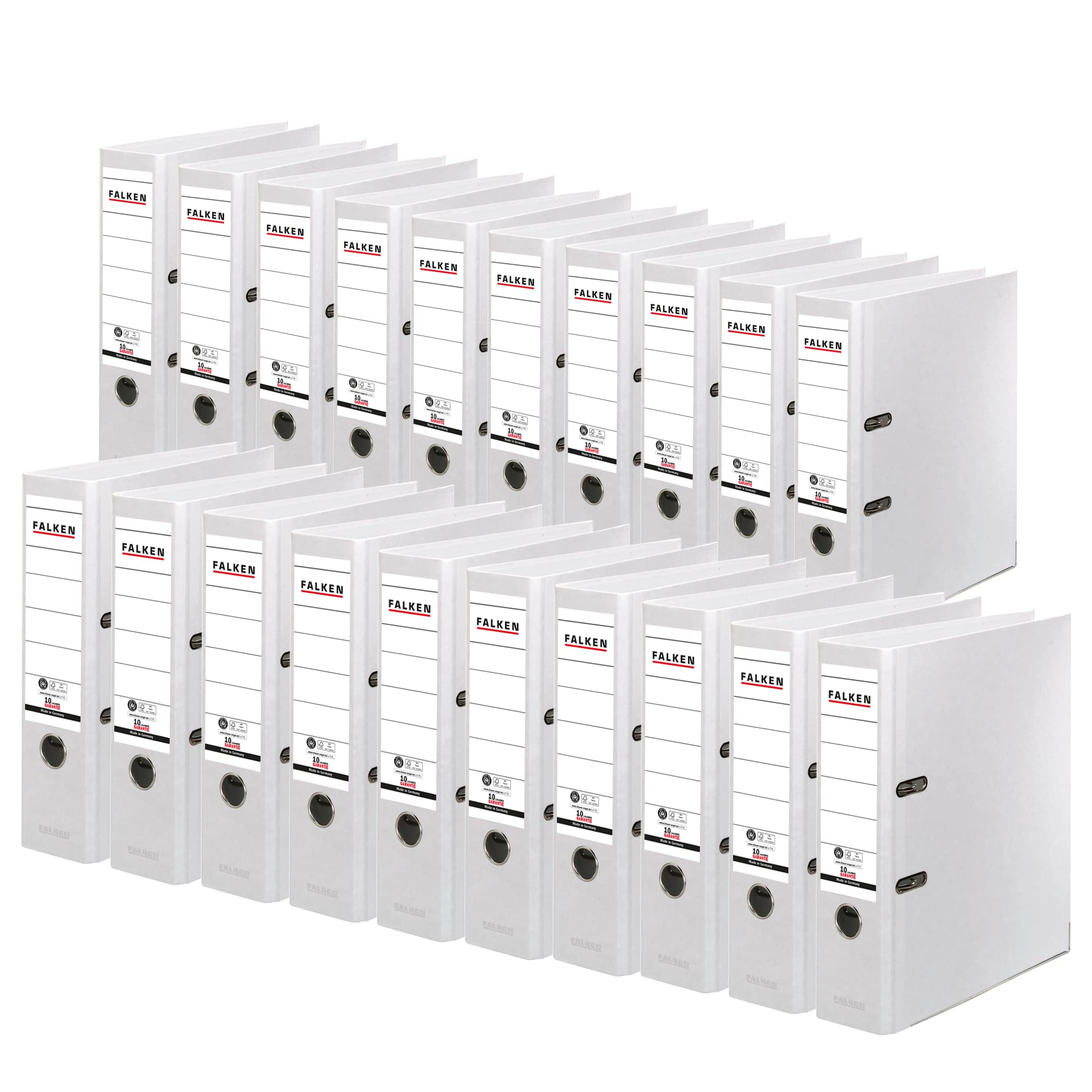 Original Falken 20er Pack Recycolor Umwelt-Ordner Öko. Made in Germany. Farbiger Papierbezug außen 8 cm breit DIN A4 weiß Ringordner Aktenordner Briefordner CO2-Neutral Blauer Engel