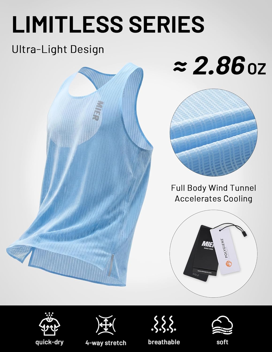MIER Limitless - Running Tank Tops, Mens Quick Dry Seamless Marathon Racing Singlets, Ultra Lightweight