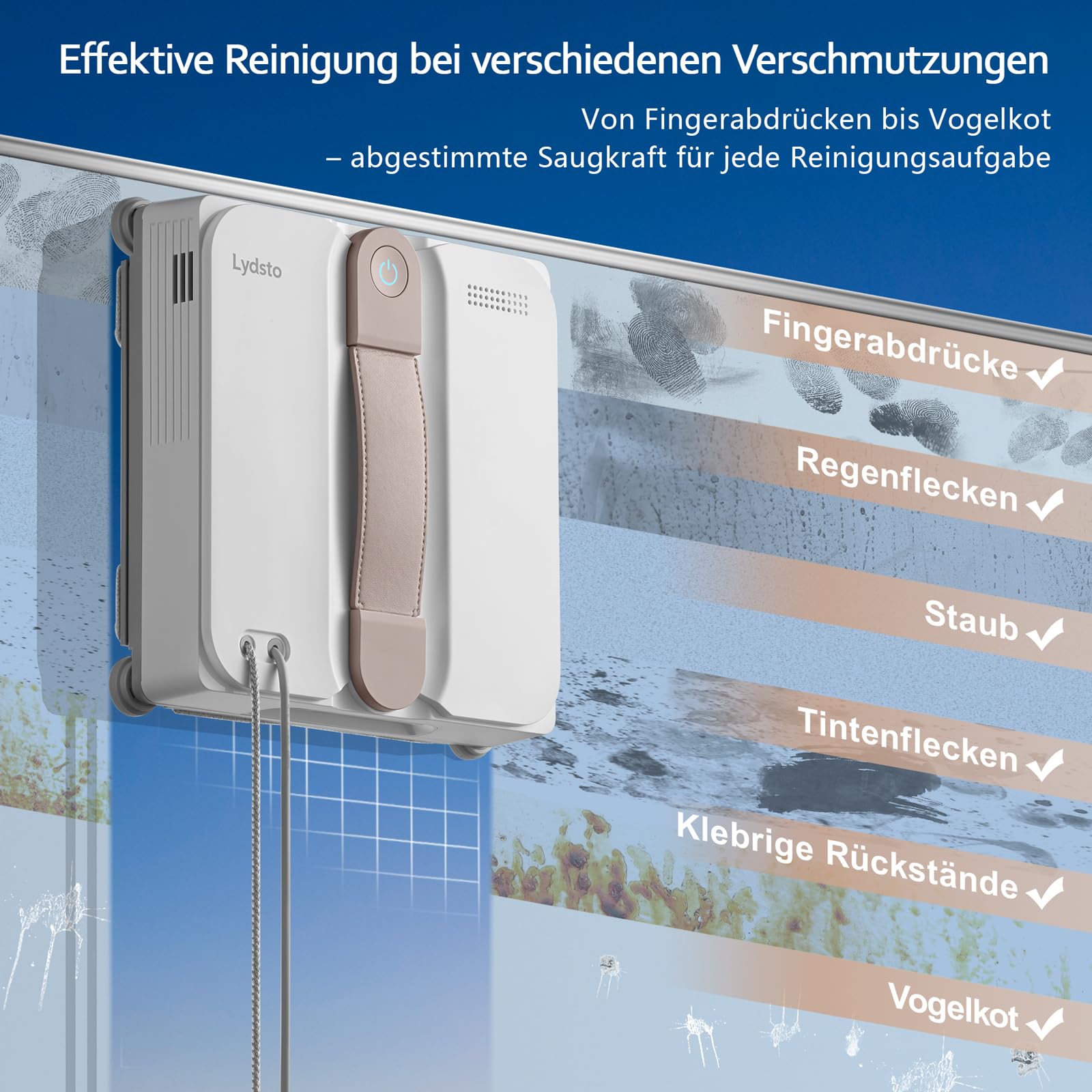 Lydsto WL07 Max Fensterputzroboter mit Sprühfunktion kompakt, Vier Ultraschall Wasserdüsen, Eckenreinigung, 8000Pa Elektrischer Fensterputzer 110ML Tank, 4 Reinigungsmodi (Weiß)