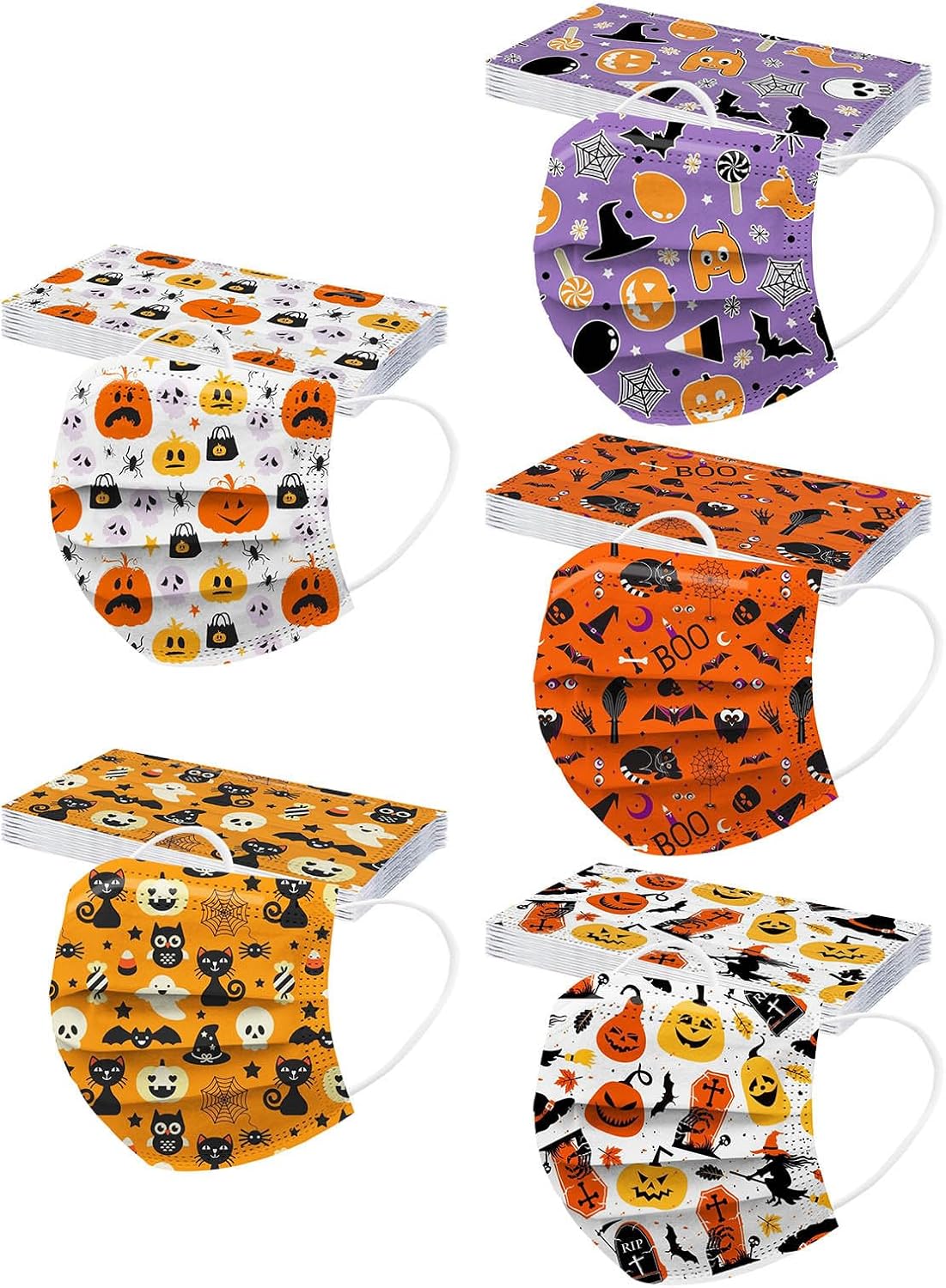 DANONI 50 máscaras desechables de Halloween, diseños de fantasmas de calabaza, 3 capas, transpirable, protección facial completa para mujeres y