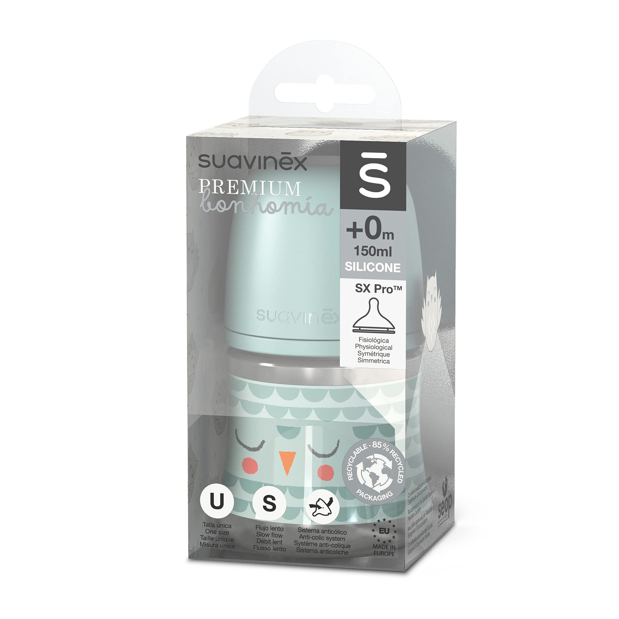 Suavinex, Biberon da 150 ml, Premium con Tettarella Simmetrica SX Pro in Silicone, con valvola anticolica, Flusso Lento, ottime dalla nascita 0+ Bonhomia, Verde
