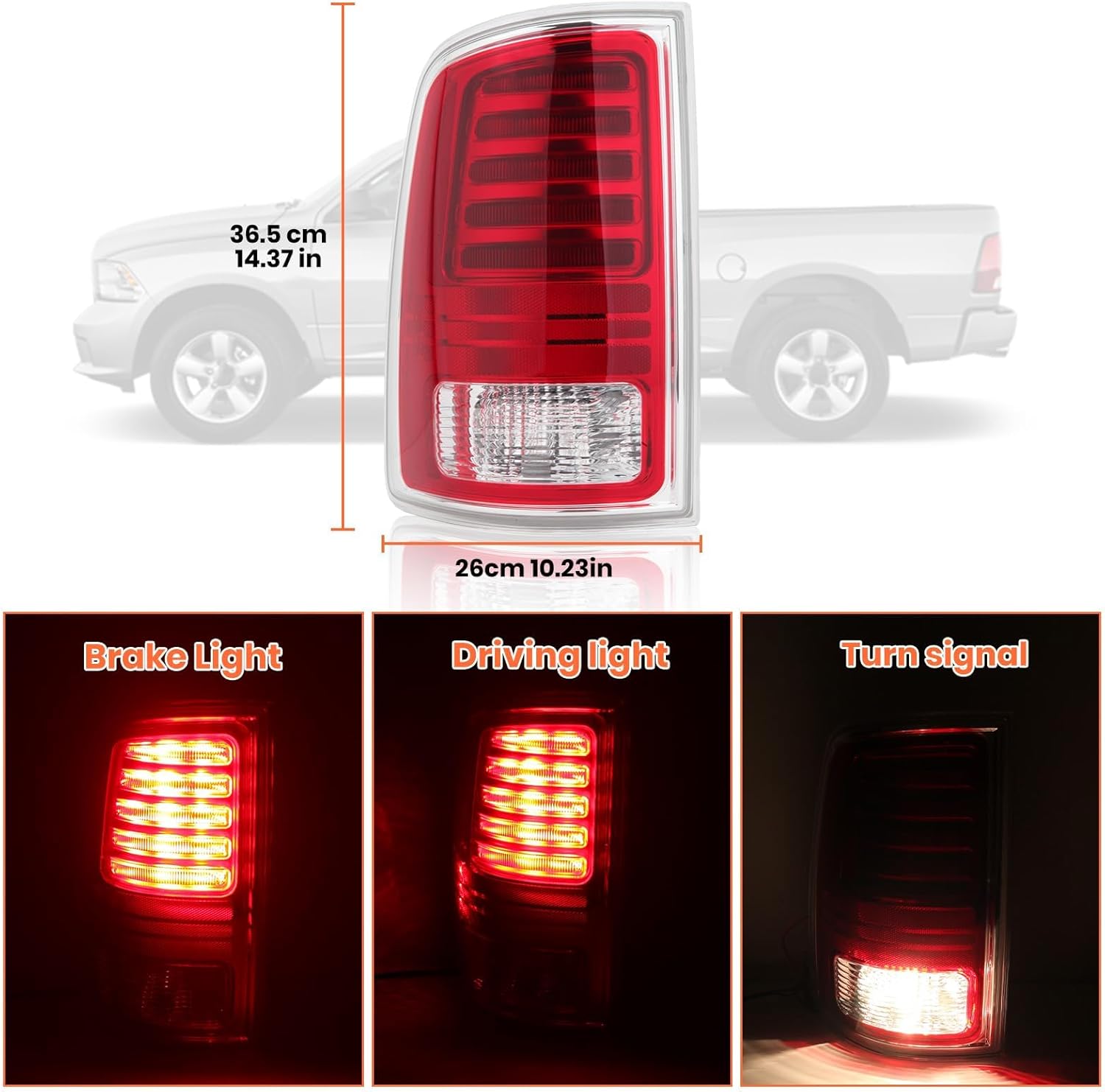 LED Tail Light Assembly Compatible With Dodge Ram 1500 2013-2018 Ram 2500/3500 2014-2018 Rear Taillight With LED Bulb Clear & Red Lens Chrome Left Driver Side Replace 68093079AC CH2800203