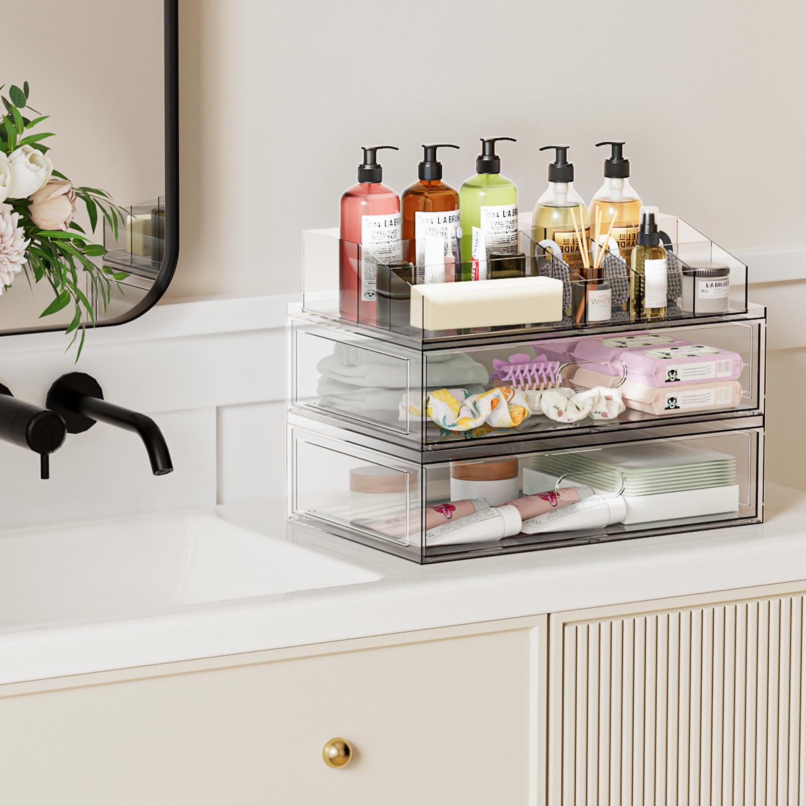 Organizador de maquillaje apilable transparente con cajón, cajones de almacenamiento acrílicos de 12 pulgadas de ancho, vitrina de cosméticos para tocador de baño, soporte de belleza para pintalabios