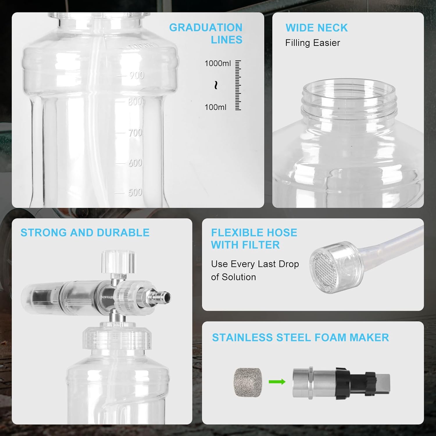 Foam Cannon for Pressure Washer, 1L Adjustable Spray Bottle with 1/4 Quick Connect Stainless Steel Nozzle Wide Mouth Design for Car Motorcycle Driveway Cleaning