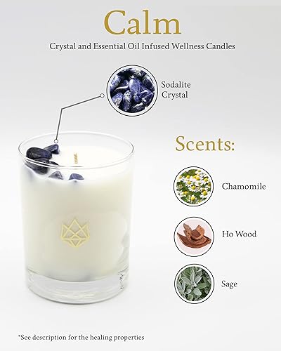 Miniatura 3 de Vela en tarro de cristal de lujo, 14.5 onzas, Calm  Sodalite Healing Crystal infundido  aromas de manzanilla, howood y salvia  Destress, Insight,